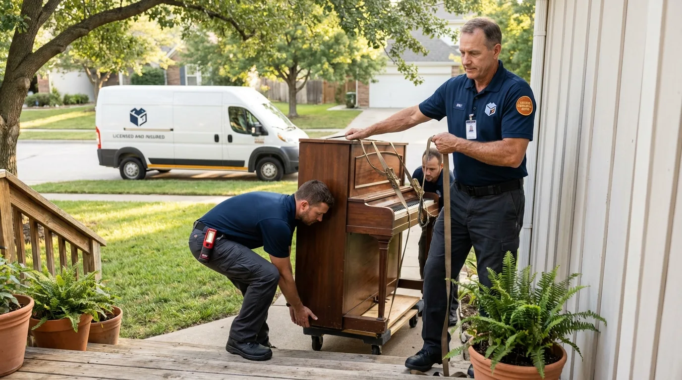 Licensed piano movers securing grand piano in Mills, WY