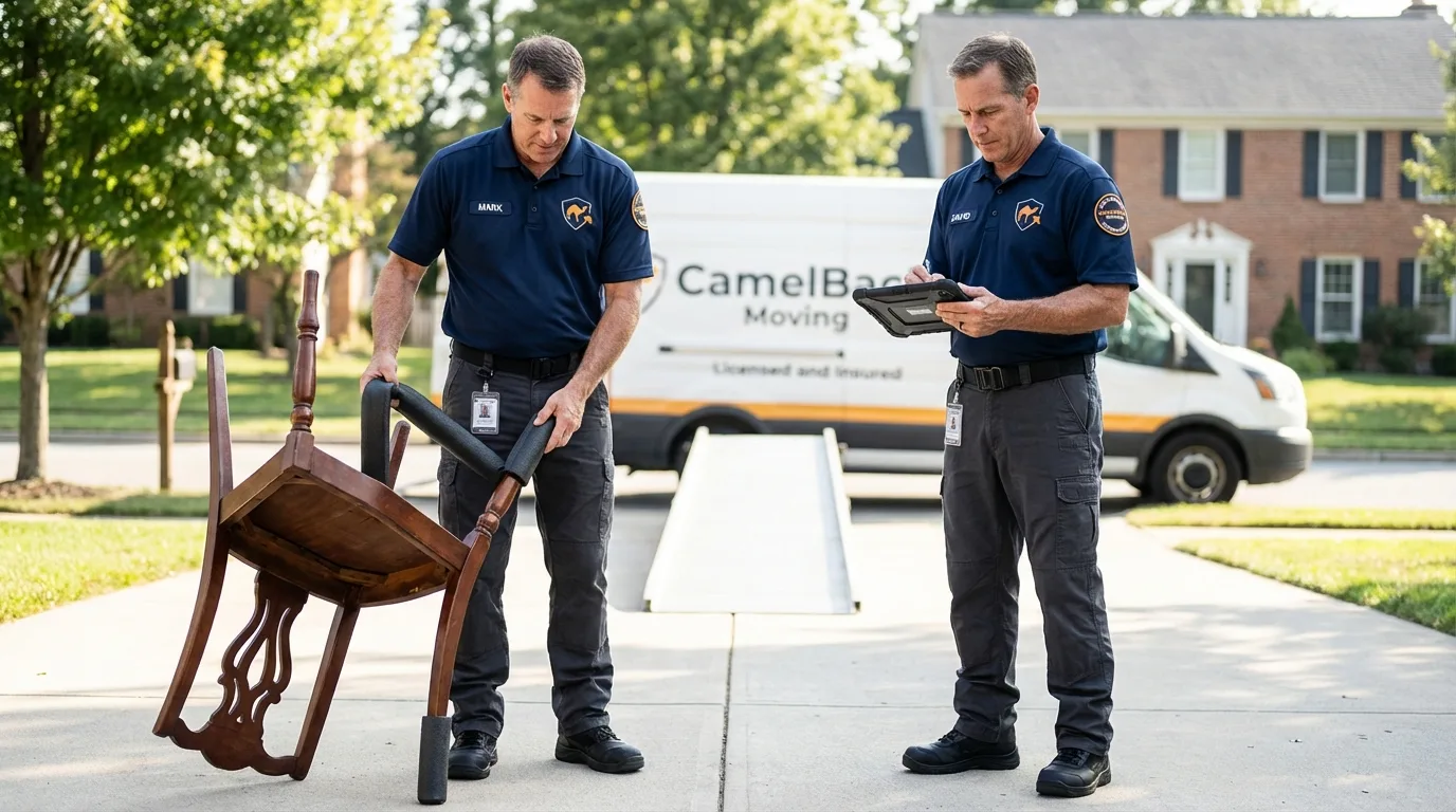 Movers inspecting furniture for damage prevention before loading in Mills, WY