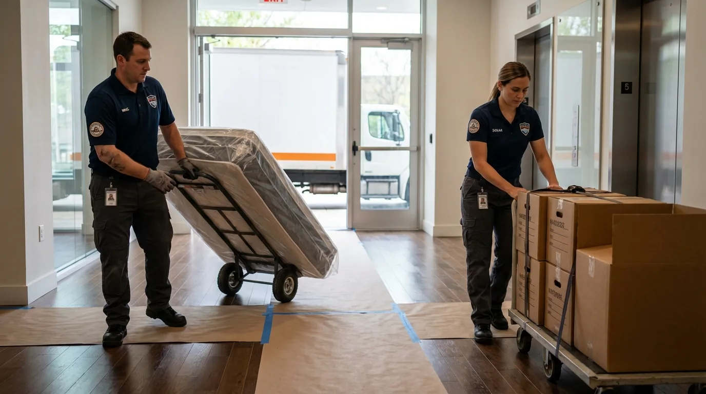 Professional apartment movers loading elevator in Mills, WY